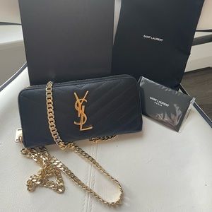 Authentic YSL MONOGRAM ZIP AROUND WOC IN GRAIN DE POUDRE EMBOSSED LEATHER